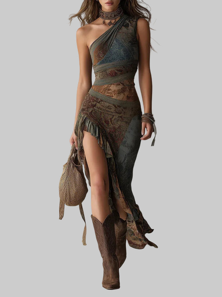Elena – Robe Maxi Asymétrique avec Motif Ethnique