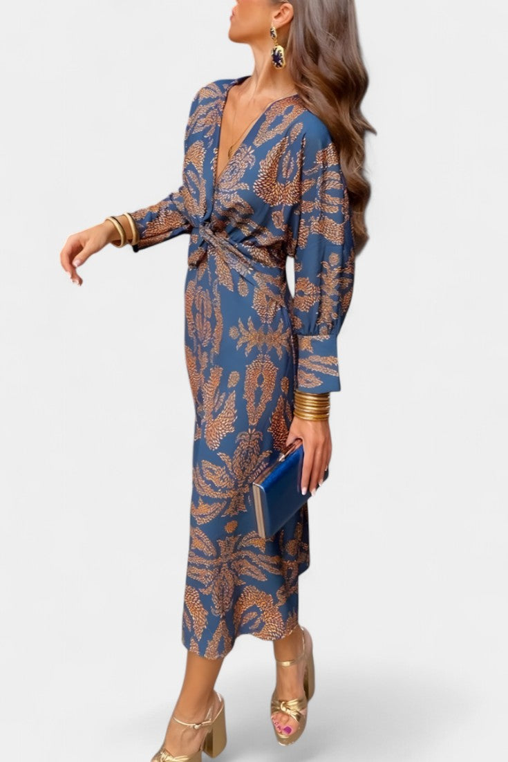 Ema - Robe Maxi avec Décolleté en V et Nœud Frontale