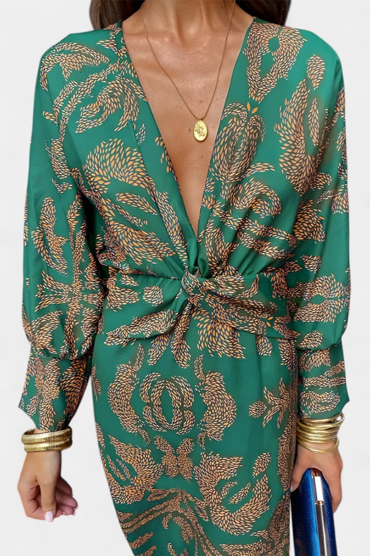 Ema - Robe Maxi avec Décolleté en V et Nœud Frontale