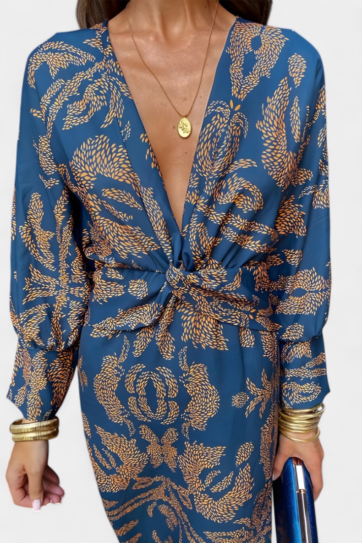 Ema - Robe Maxi avec Décolleté en V et Nœud Frontale