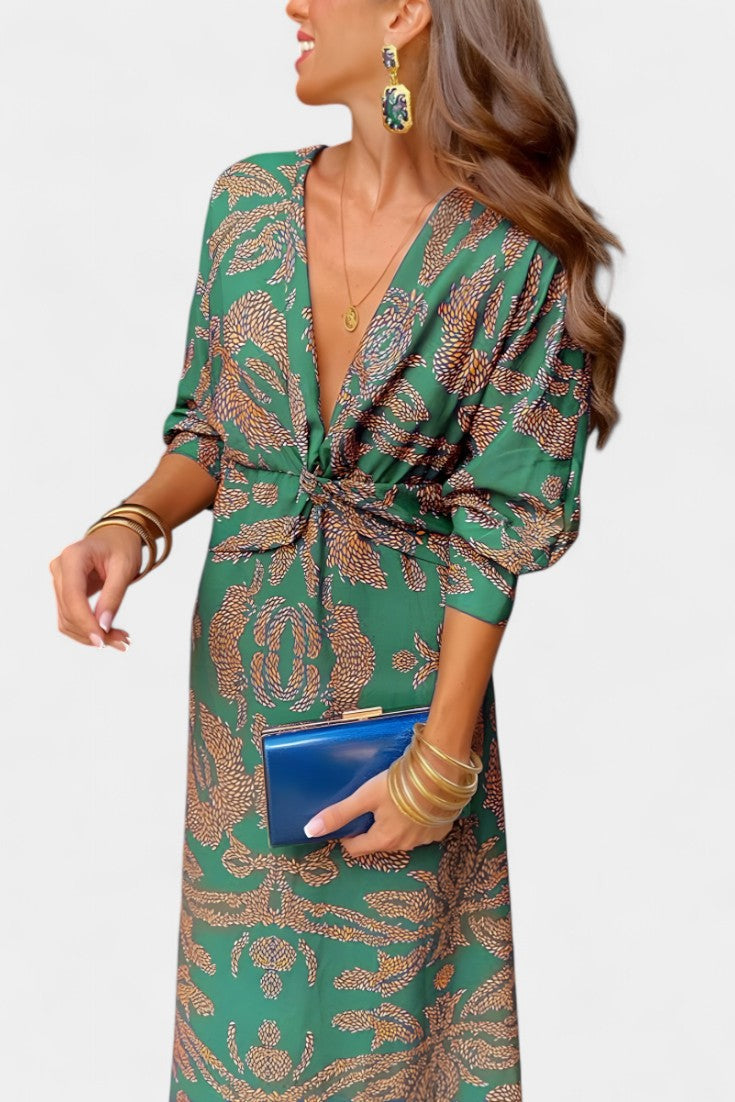 Ema - Robe Maxi avec Décolleté en V et Nœud Frontale
