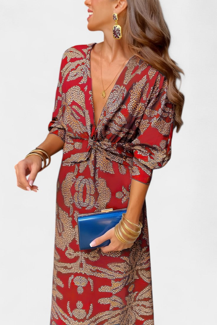 Ema - Robe Maxi avec Décolleté en V et Nœud Frontale