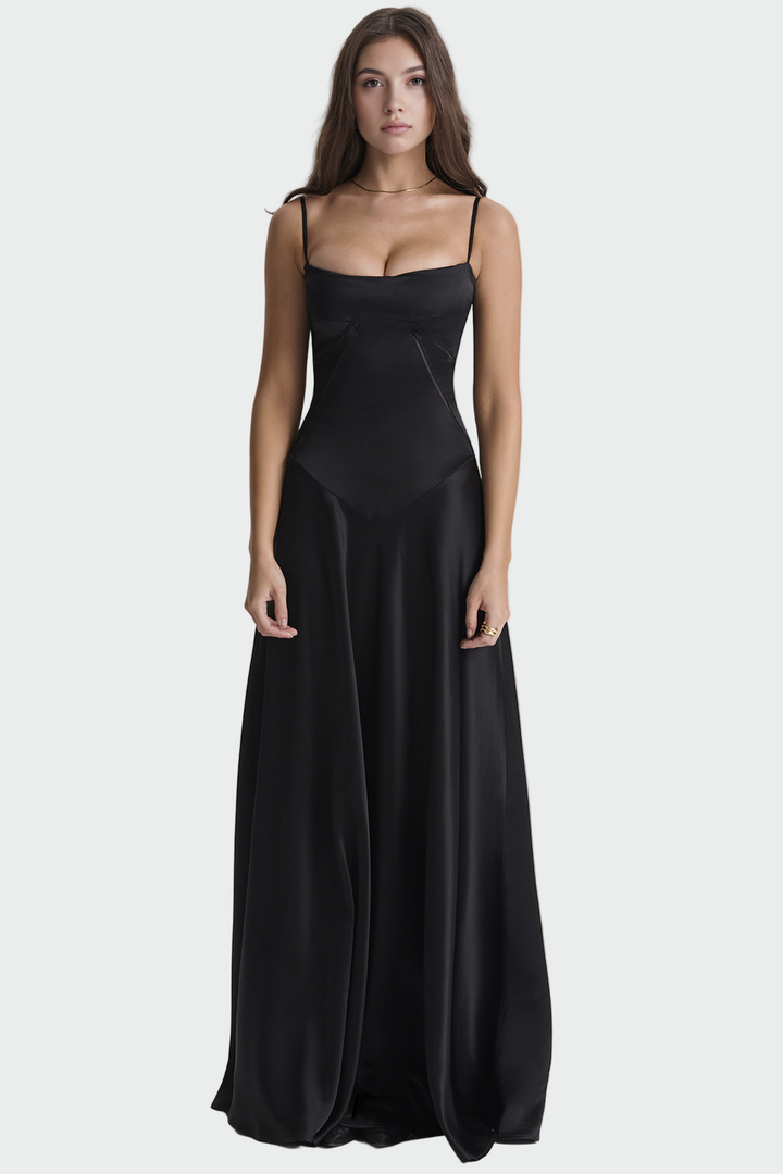 Robe Maxi en Satin avec Fines Bretelles