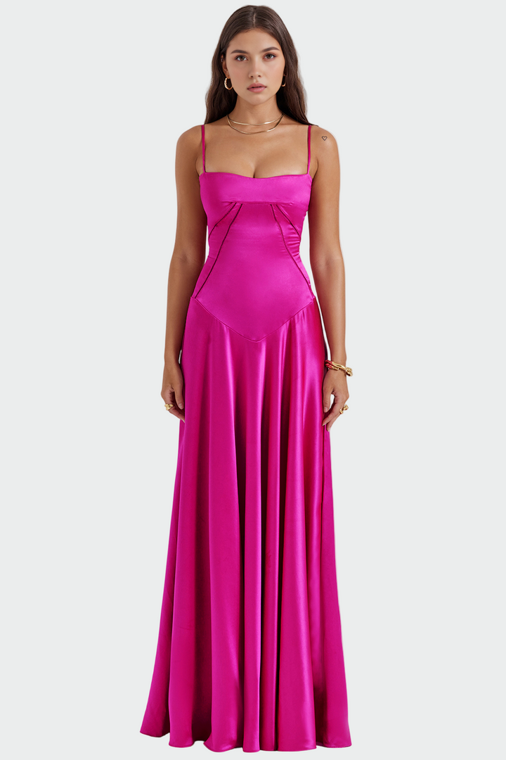 Robe Maxi en Satin avec Fines Bretelles