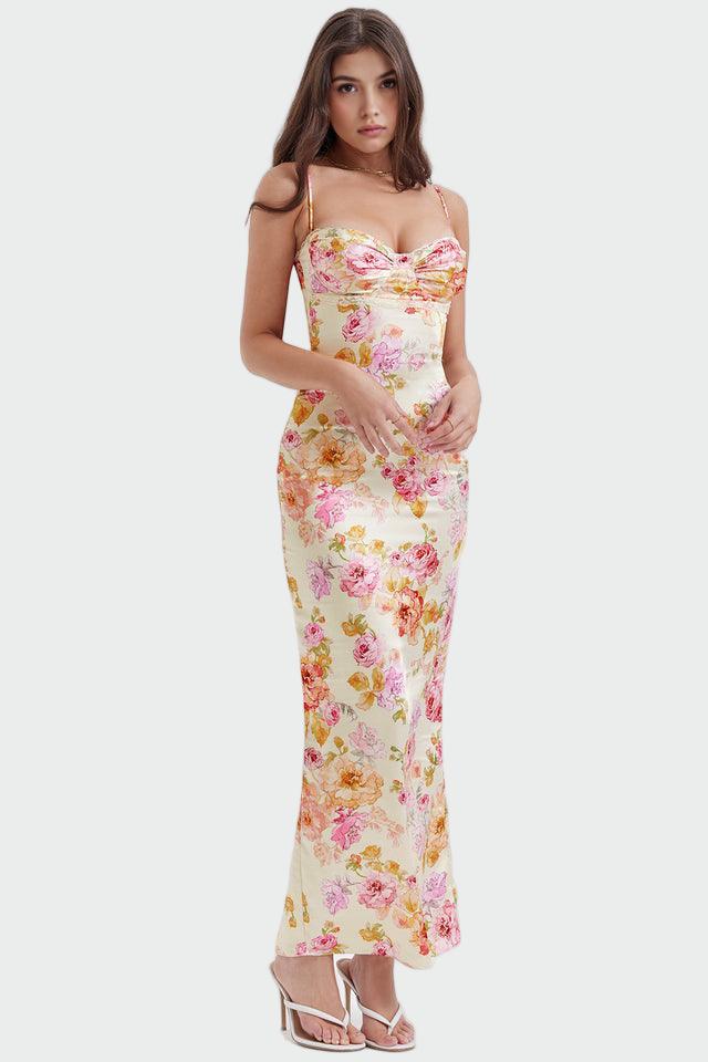 Roza | Robe longue en satin floral
