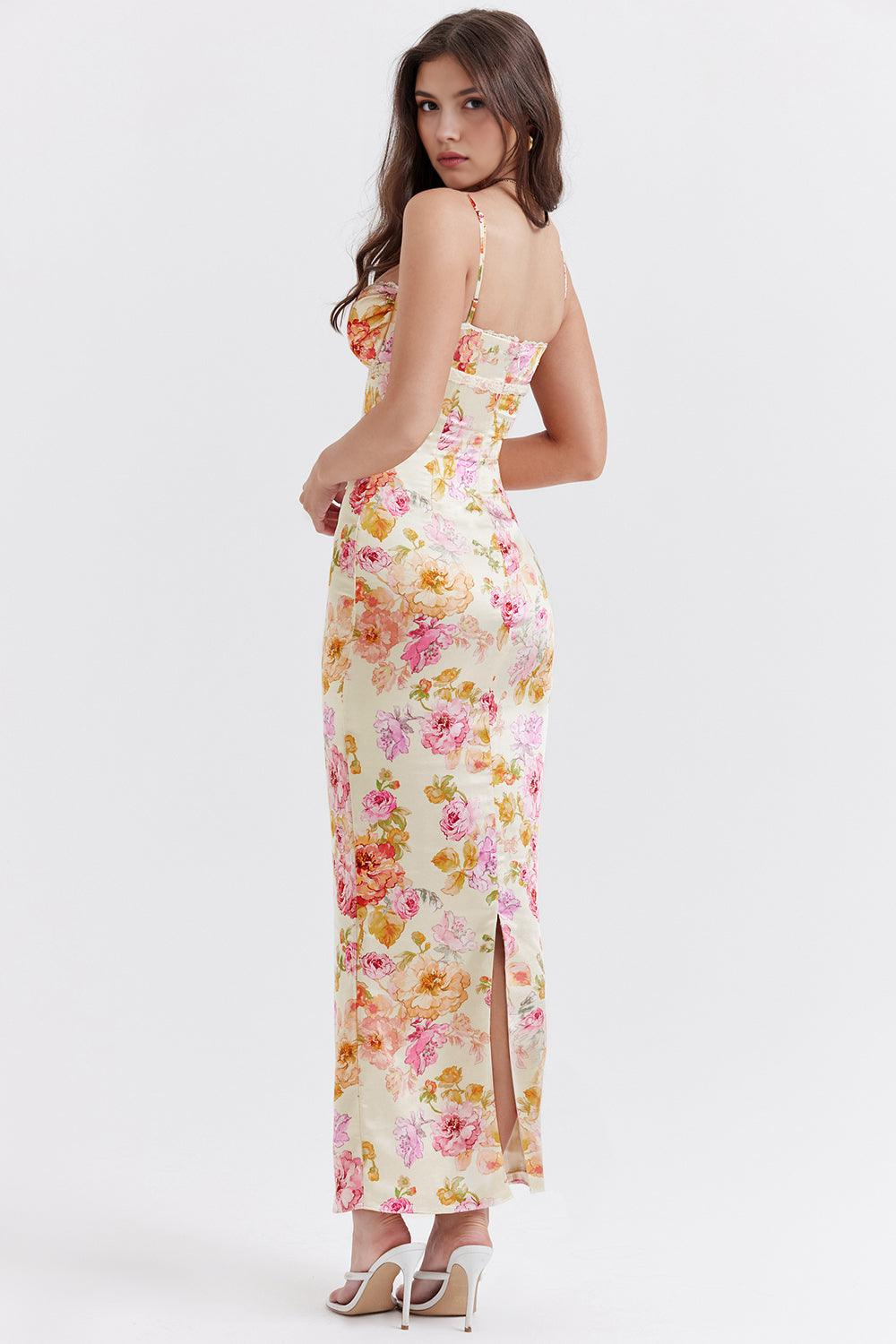 Roza | Robe longue en satin floral