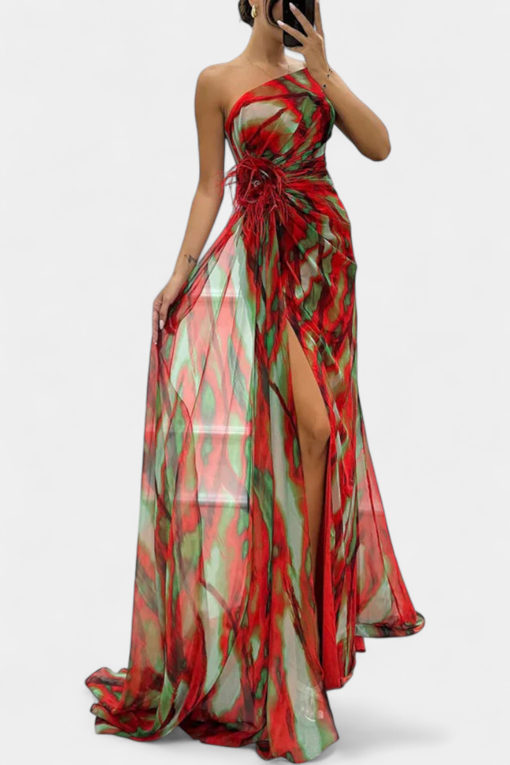 Robe Maxi Asymétrique Blanka avec Motif Énergique