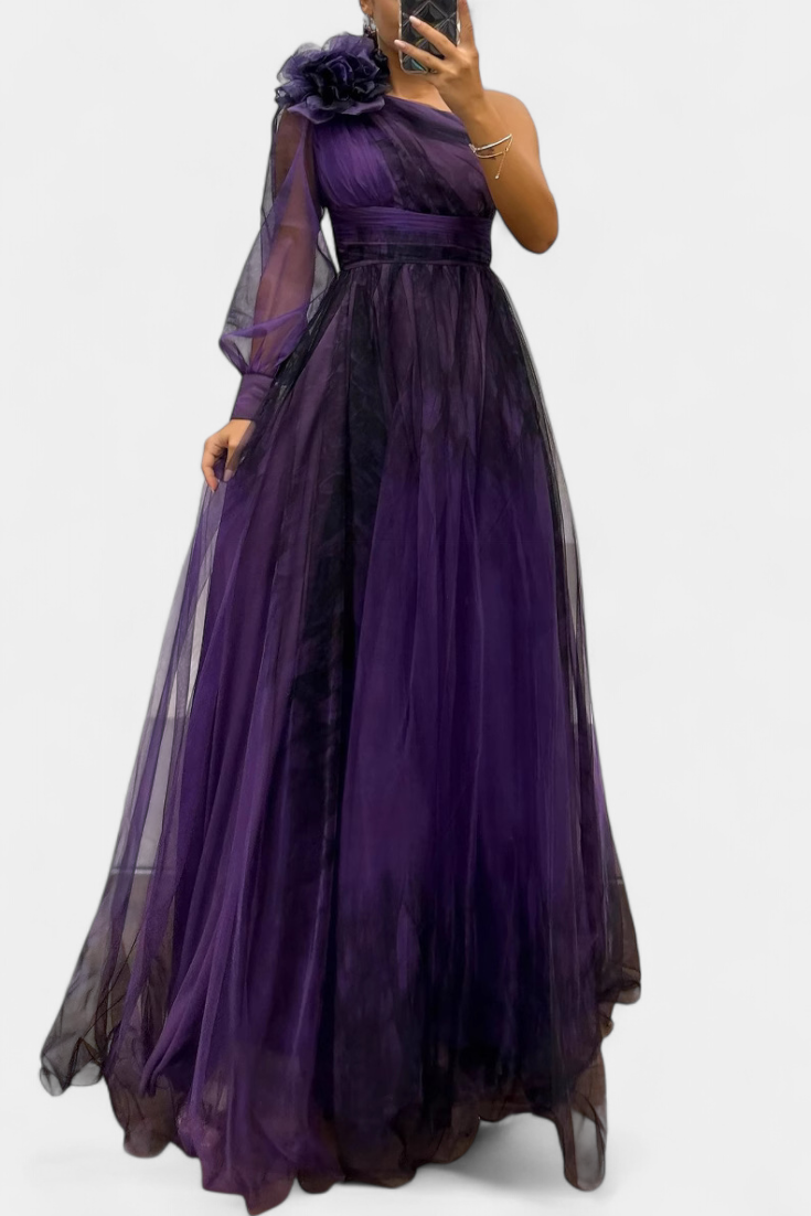 Robe Maxi Natalija en Chiffon avec Épaules Nues et Fleurs Volumineuses