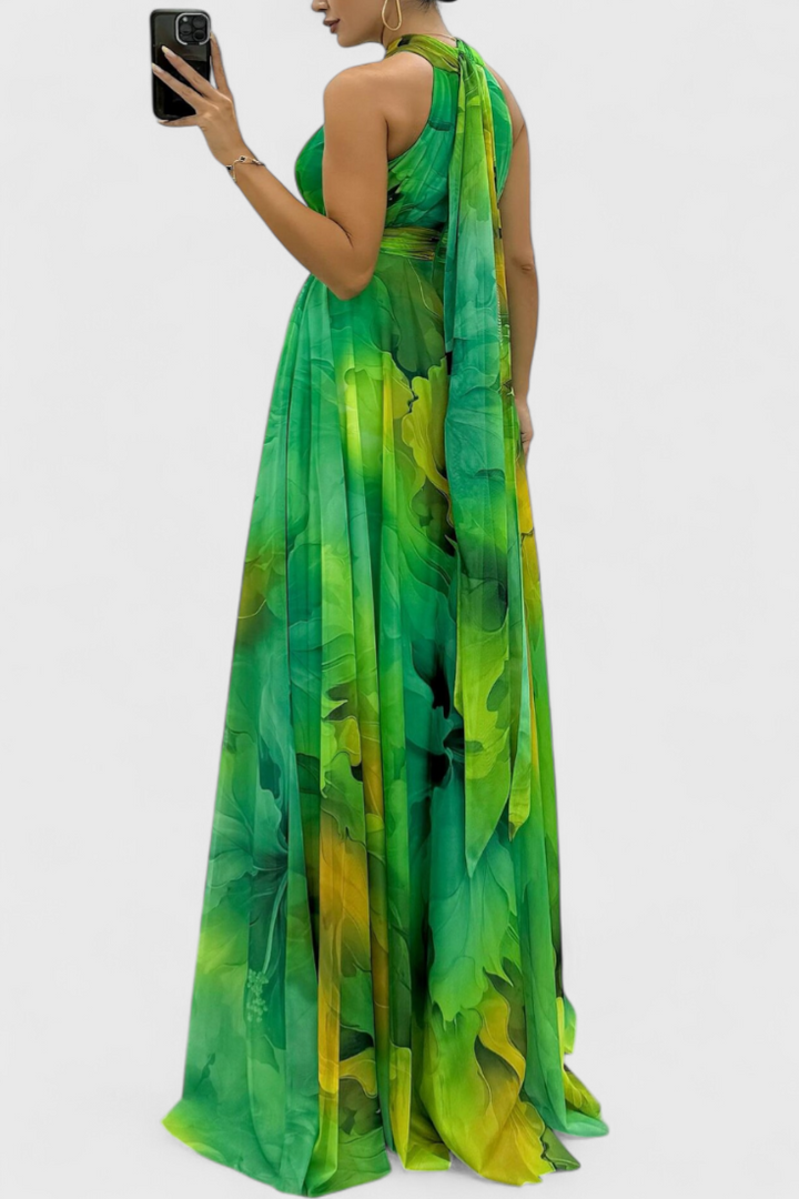 Robe Maxi Antonija en Chiffon avec Motif Floral et Col Halter
