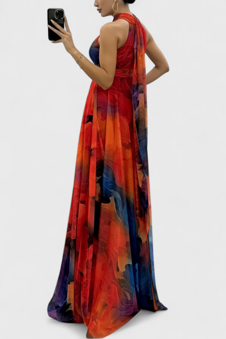 Robe Maxi Antonija en Chiffon avec Motif Floral et Col Halter
