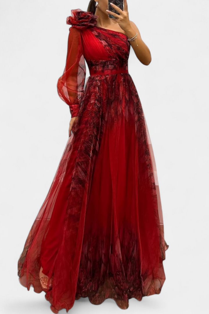 Robe Maxi Natalija en Chiffon avec Épaules Nues et Fleurs Volumineuses
