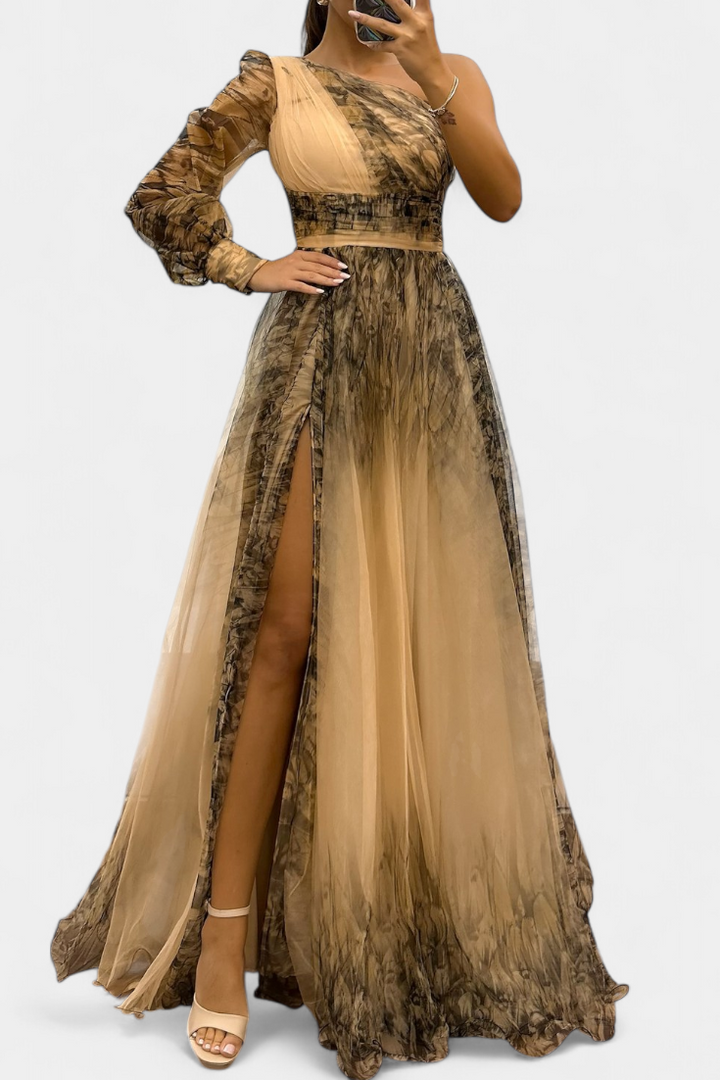 Robe Maxi Natalija en Chiffon avec Épaules Nues et Fleurs Volumineuses