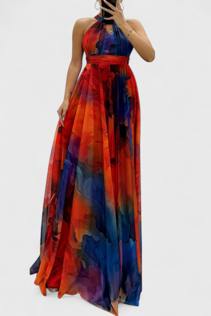 Robe Maxi Antonija en Chiffon avec Motif Floral et Col Halter