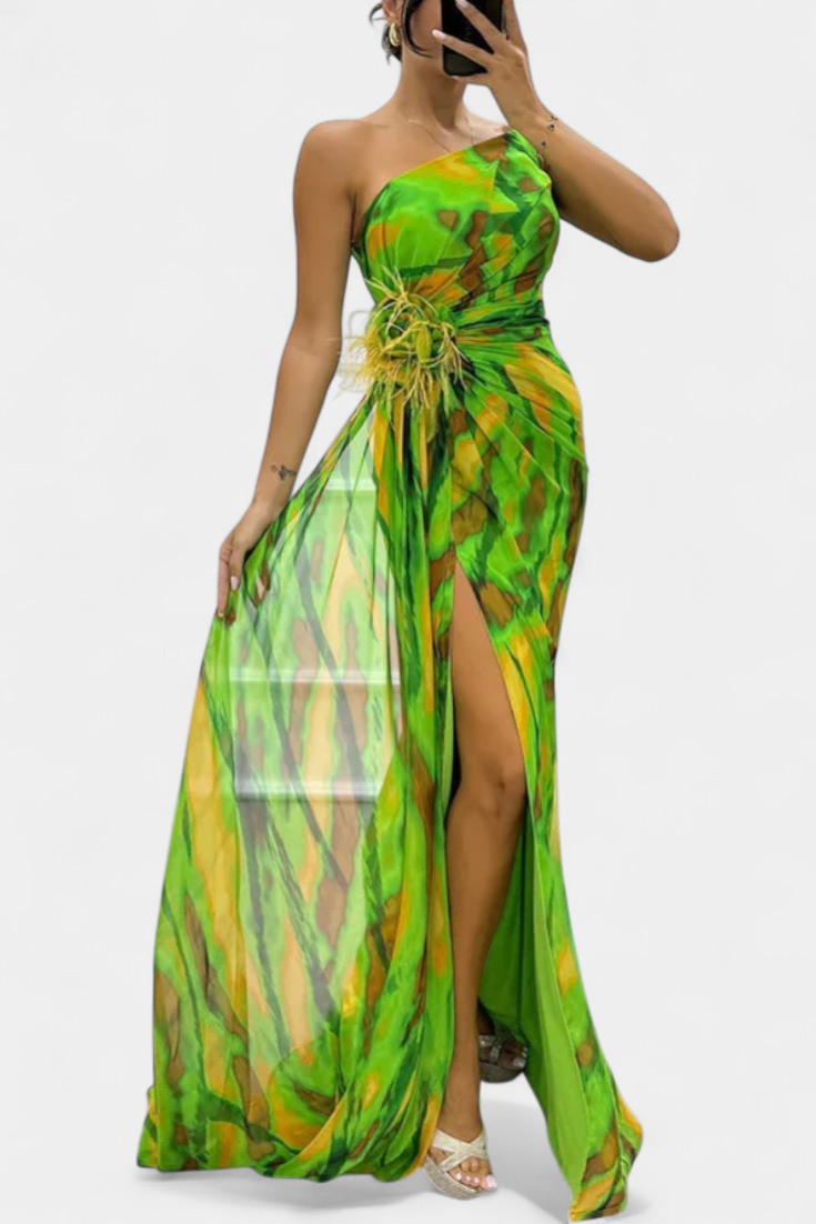 Robe Maxi Asymétrique Blanka avec Motif Énergique