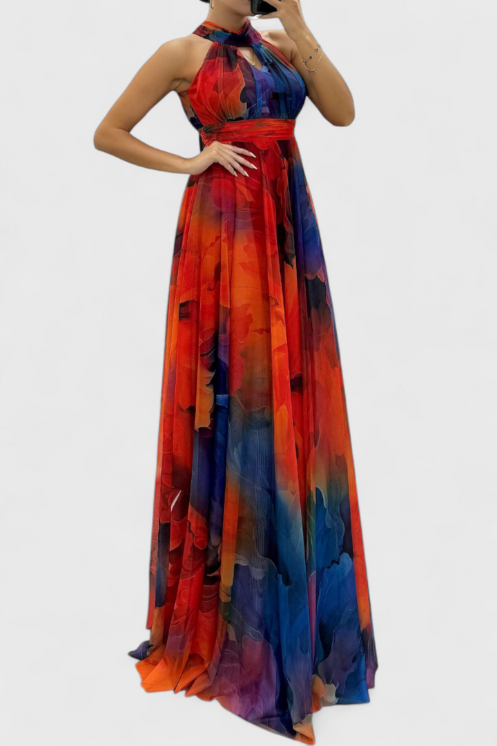 Robe Maxi Antonija en Chiffon avec Motif Floral et Col Halter