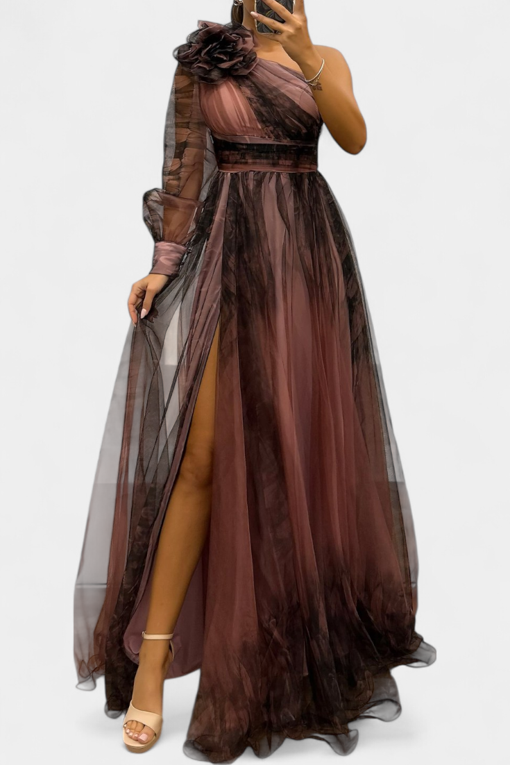 Robe Maxi Natalija en Chiffon avec Épaules Nues et Fleurs Volumineuses