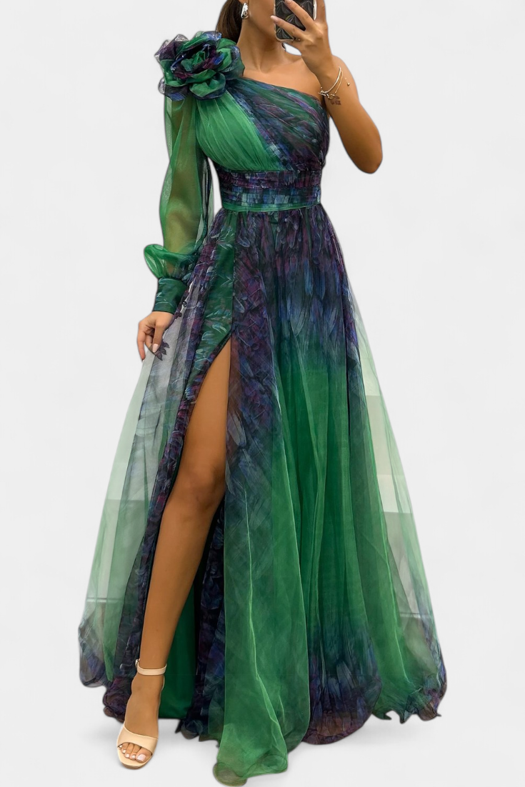 Robe Maxi Natalija en Chiffon avec Épaules Nues et Fleurs Volumineuses