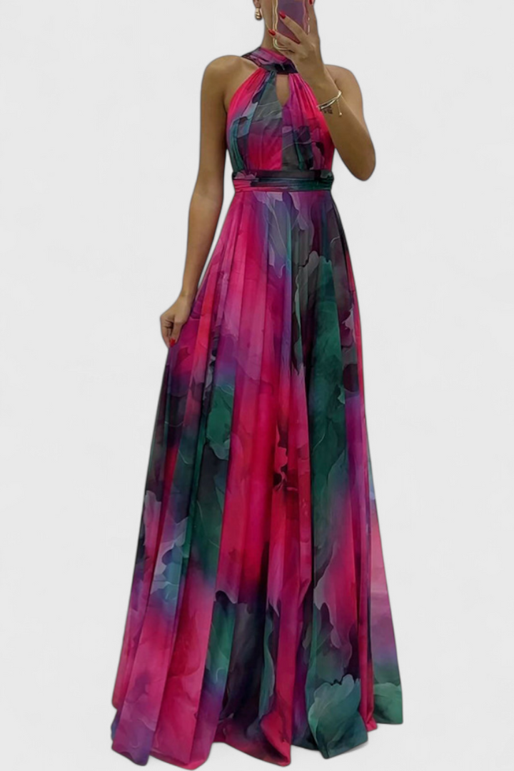 Robe Maxi Antonija en Chiffon avec Motif Floral et Col Halter