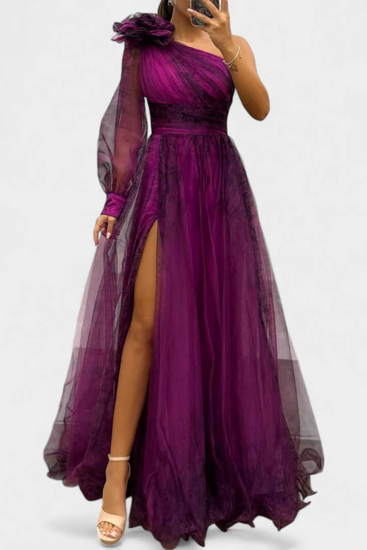 Robe Maxi Natalija en Chiffon avec Épaules Nues et Fleurs Volumineuses