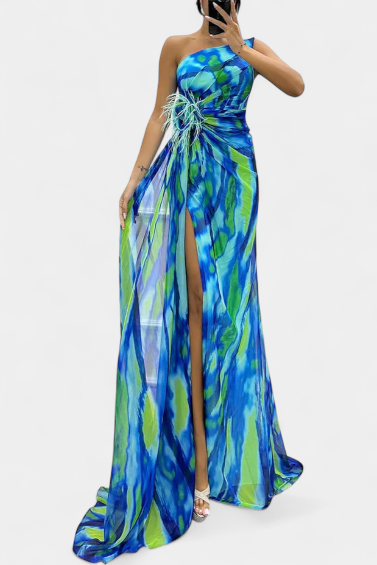 Robe Maxi Asymétrique Blanka avec Motif Énergique