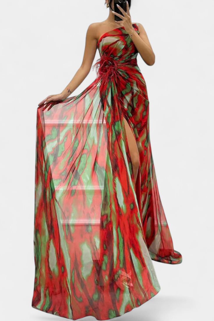 Robe Maxi Asymétrique Blanka avec Motif Énergique