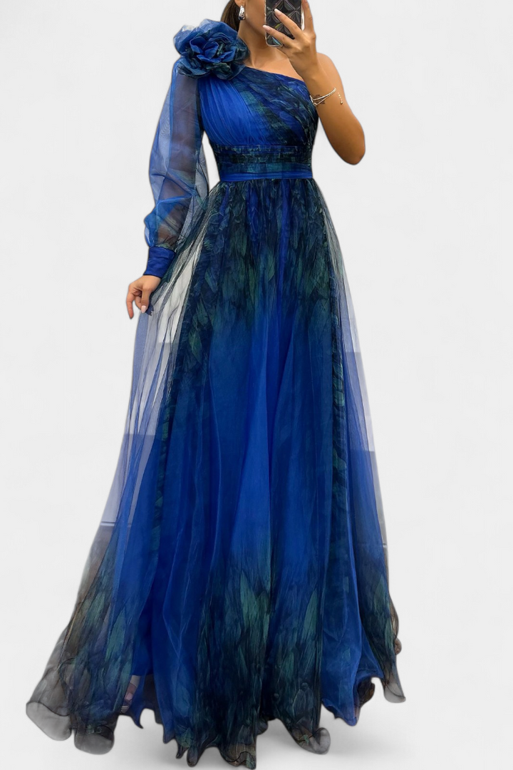 Robe Maxi Natalija en Chiffon avec Épaules Nues et Fleurs Volumineuses