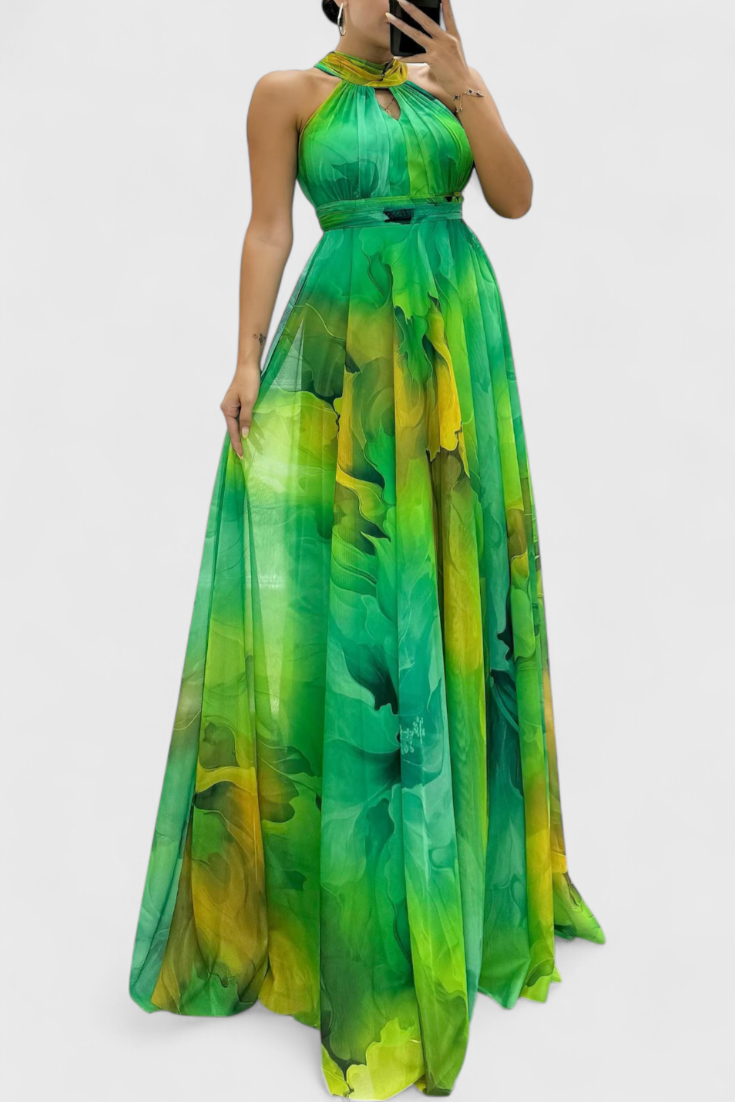 Robe Maxi Antonija en Chiffon avec Motif Floral et Col Halter